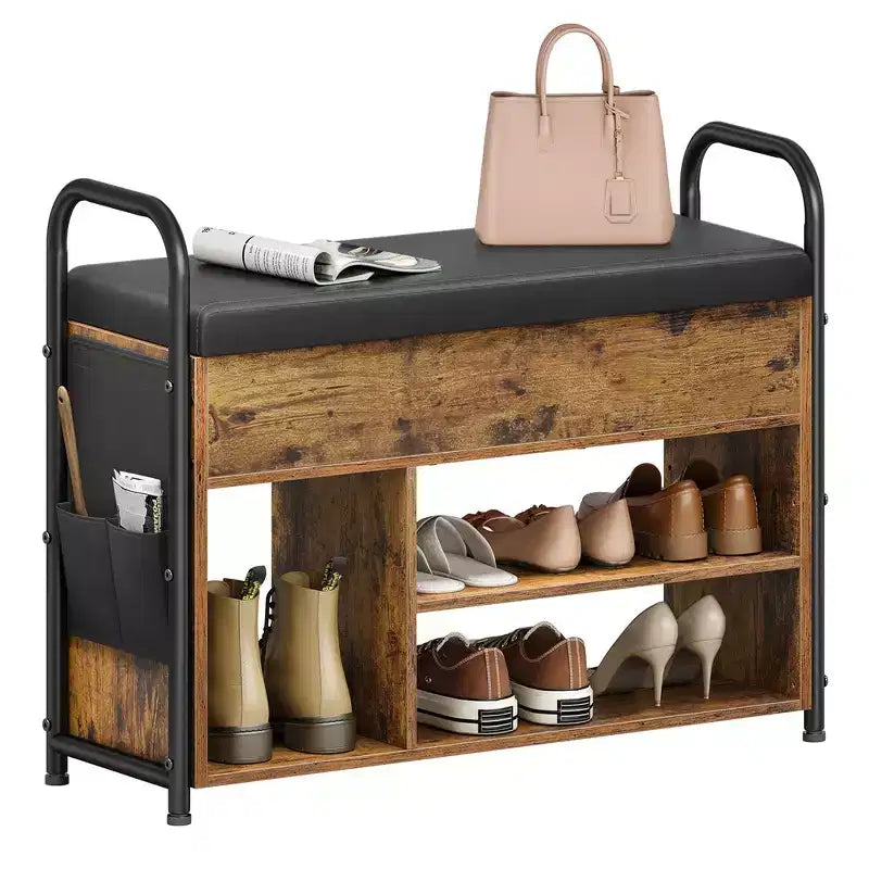 Rustic Shoe Bench with Inner Storage and PU Pockets - Entryway Essential for Organization and Style