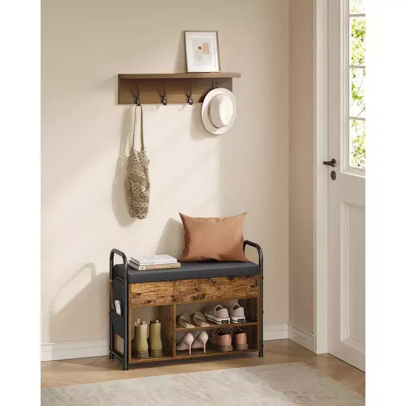 Banc à chaussures rustique avec rangement intérieur et poches en PU – Indispensable pour l'entrée, alliant organisation et style