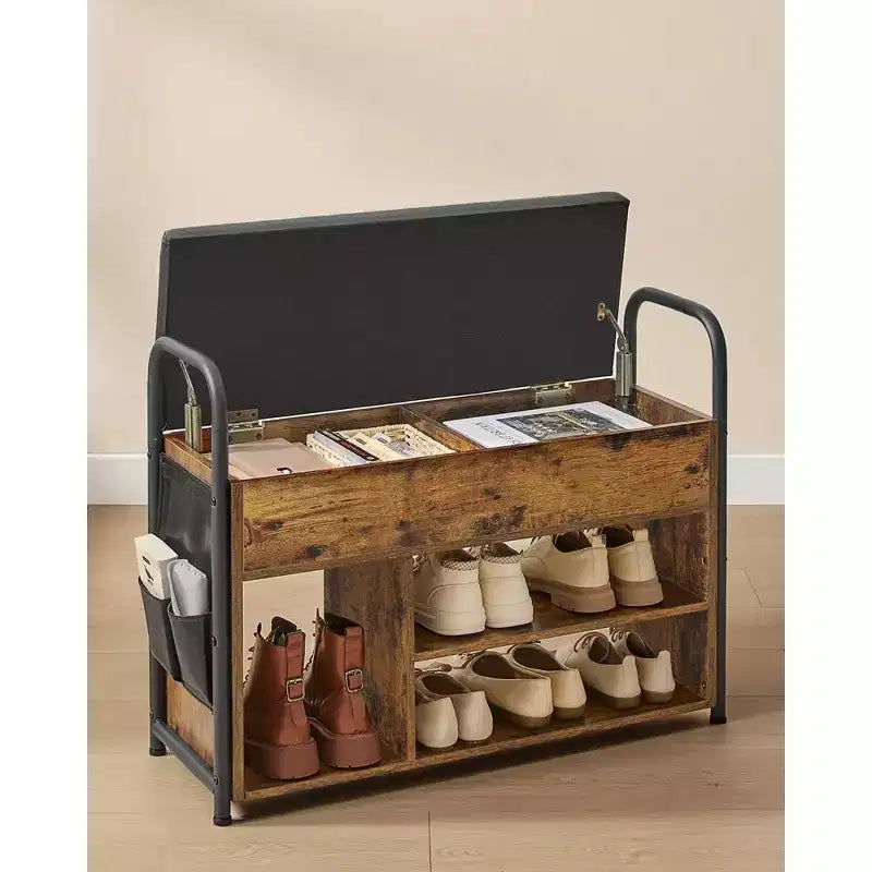 Banc à chaussures rustique avec rangement intérieur et poches en PU – Indispensable pour l'entrée, alliant organisation et style