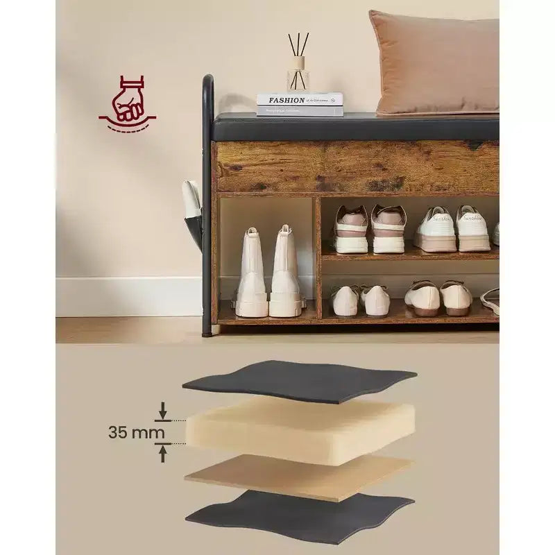 Banc à chaussures rustique avec rangement intérieur et poches en PU – Indispensable pour l'entrée, alliant organisation et style