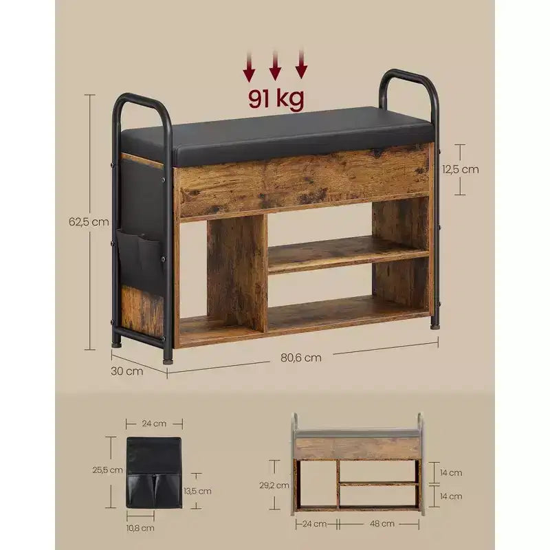 Banc à chaussures rustique avec rangement intérieur et poches en PU – Indispensable pour l'entrée, alliant organisation et style