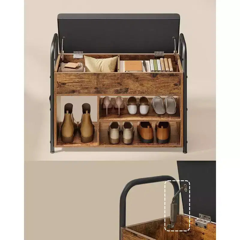 Banc à chaussures rustique avec rangement intérieur et poches en PU – Indispensable pour l'entrée, alliant organisation et style