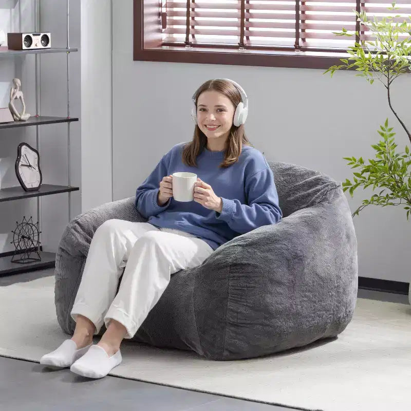 Pouf poire intérieur moderne et polyvalent en fausse fourrure avec dossier