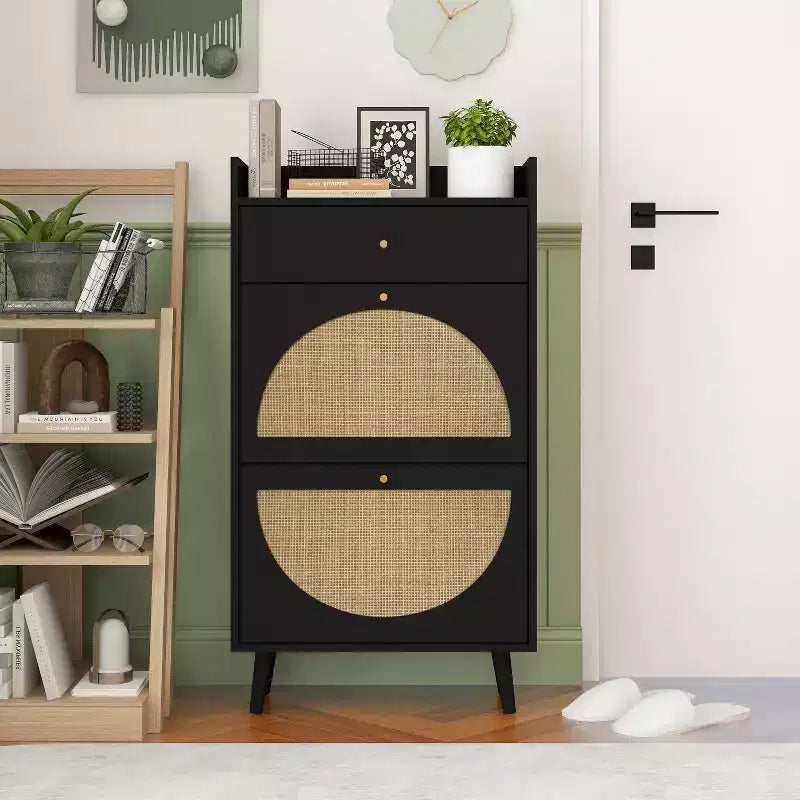 Modern Shoe Cabinet with Rattan Detailing, MDF Frame, Pine Wood Legs, and 1 Drawer+2 Flip Drawers, Multi-Shelf Storage Unit - ModernLuxe