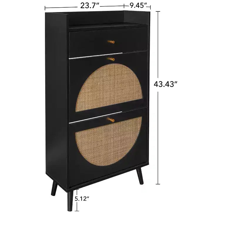 Meuble à chaussures moderne avec détails en rotin, cadre en MDF, pieds en bois de pin et 1 tiroir + 2 tiroirs basculants, unité de rangement multi-étagères