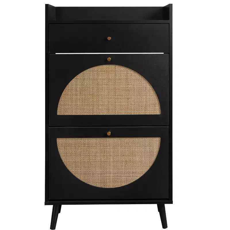 Meuble à chaussures moderne avec détails en rotin, cadre en MDF, pieds en bois de pin et 1 tiroir + 2 tiroirs basculants, unité de rangement multi-étagères