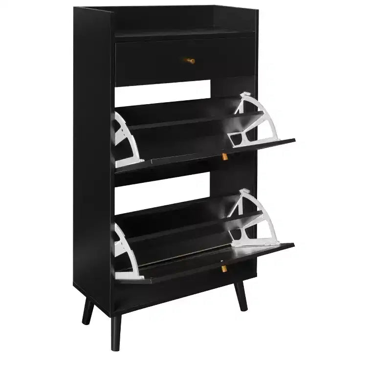 Meuble à chaussures moderne avec détails en rotin, cadre en MDF, pieds en bois de pin et 1 tiroir + 2 tiroirs basculants, unité de rangement multi-étagères