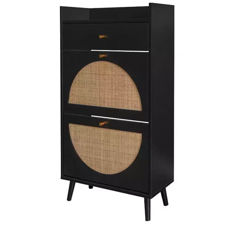 Meuble à chaussures moderne avec détails en rotin, cadre en MDF, pieds en bois de pin et 1 tiroir + 2 tiroirs basculants, unité de rangement multi-étagères
