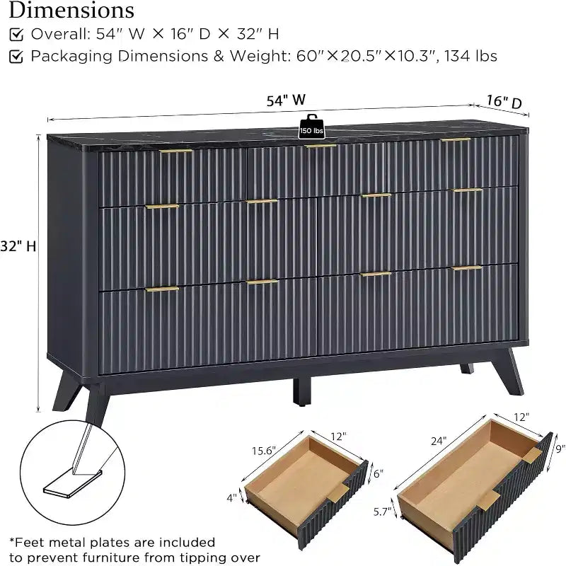 Commode cannelée à 7 tiroirs, commode moderne de 54 pouces avec plateau en faux marbre et design incurvé, organiseur de rangement en bois pour chambre à coucher, salon