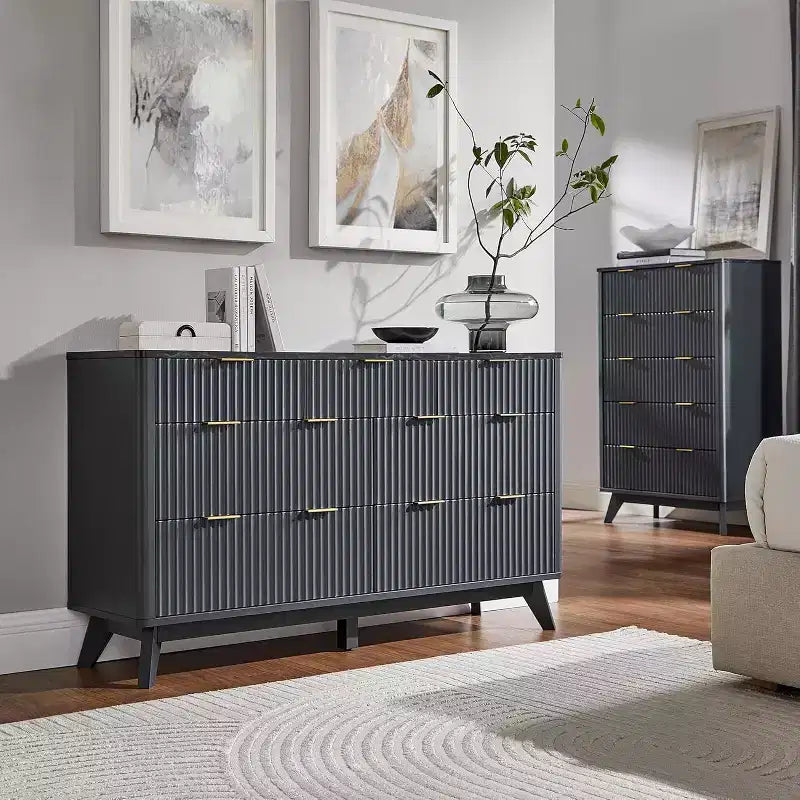 Commode cannelée à 7 tiroirs, commode moderne de 54 pouces avec plateau en faux marbre et design incurvé, organiseur de rangement en bois pour chambre à coucher, salon