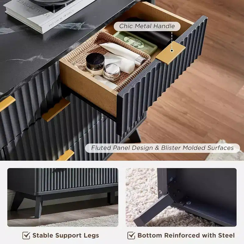 Commode cannelée à 7 tiroirs, commode moderne de 54 pouces avec plateau en faux marbre et design incurvé, organiseur de rangement en bois pour chambre à coucher, salon