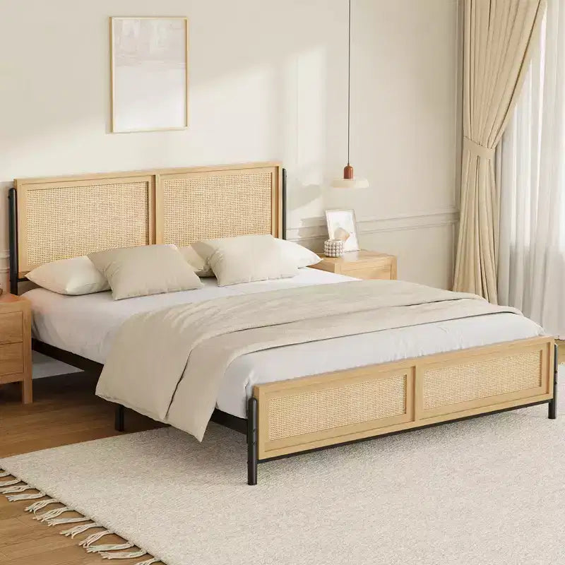 Garvee Bed Frame with Natural Rattan Headboard and Footboard, Wooden Platform No Box Spring Needed, Noise-Free Metal Bedframe