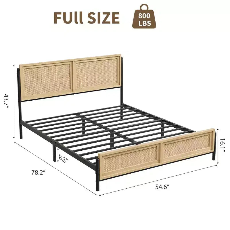 Cadre de lit avec tête et pied de lit en rotin naturel, plateforme en bois sans sommier tapissier requis, cadre de lit en métal anti-bruit