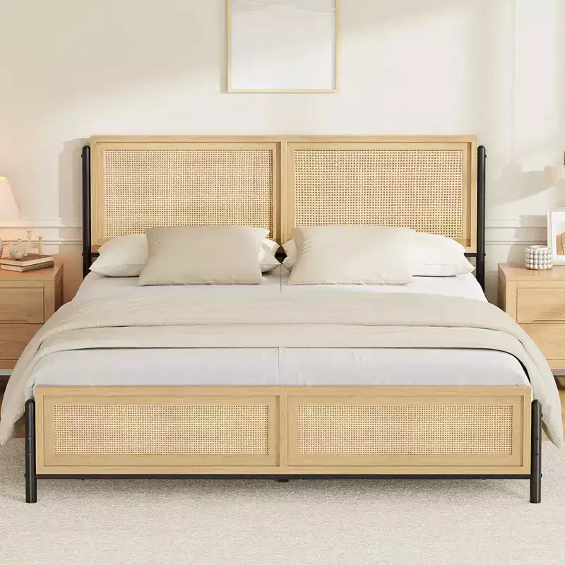 Cadre de lit avec tête et pied de lit en rotin naturel, plateforme en bois sans sommier tapissier requis, cadre de lit en métal anti-bruit