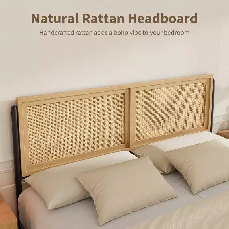 Cadre de lit avec tête et pied de lit en rotin naturel, plateforme en bois sans sommier tapissier requis, cadre de lit en métal anti-bruit