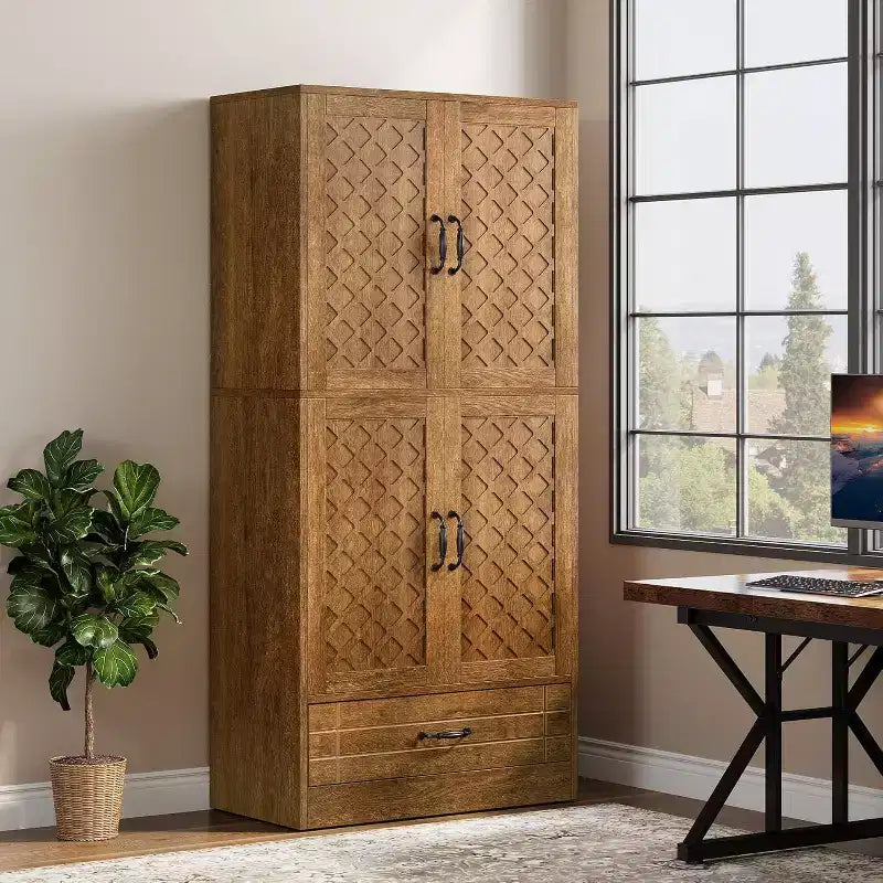Armoire de rangement en bois de 70 po, armoire de rangement haute de style rétro avec portes et tiroir