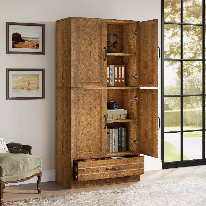 Armoire de rangement en bois de 70 po, armoire de rangement haute de style rétro avec portes et tiroir