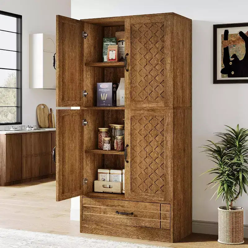 Armoire de rangement en bois de 70 po, armoire de rangement haute de style rétro avec portes et tiroir