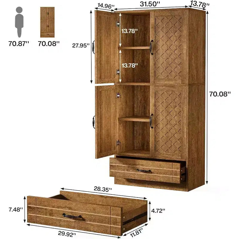 Armoire de rangement en bois de 70 po, armoire de rangement haute de style rétro avec portes et tiroir