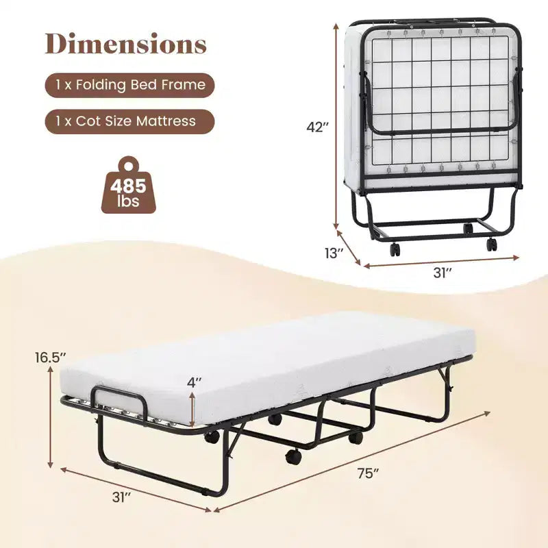 Lit pliant avec matelas 74 x 31 pouces, lit d'appoint roulant peu encombrant