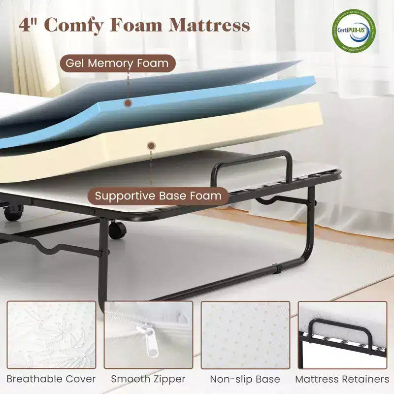 Lit pliant avec matelas 74 x 31 pouces, lit d'appoint roulant peu encombrant