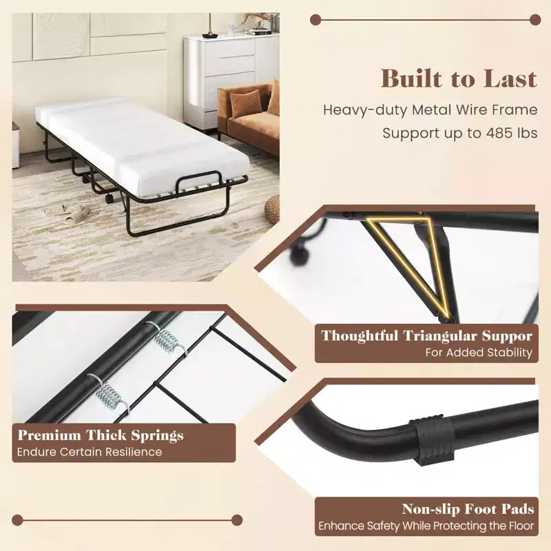 Lit pliant avec matelas 74 x 31 pouces, lit d'appoint roulant peu encombrant