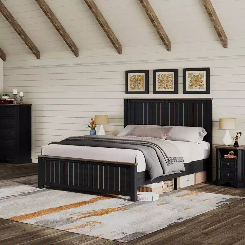 AMERLIFE Farmhouse Bed Frame with 47 Tall Headboard and Sliding Barn Doors