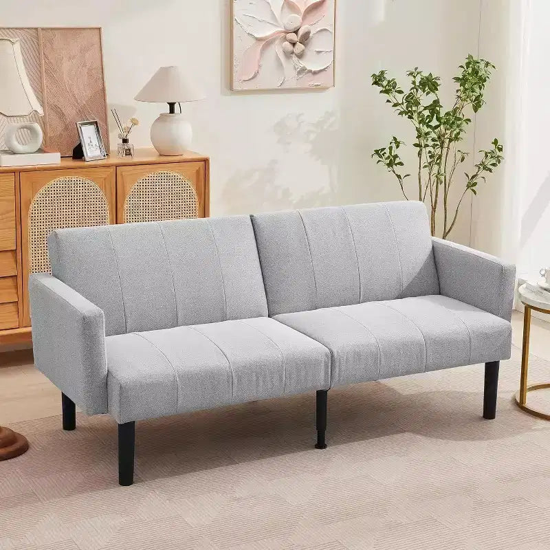 Canapé-lit futon 75,5 avec cadre en bois - Causeuse-lit en flanelle de lin, motif vertical, multifonctionnel pour salon