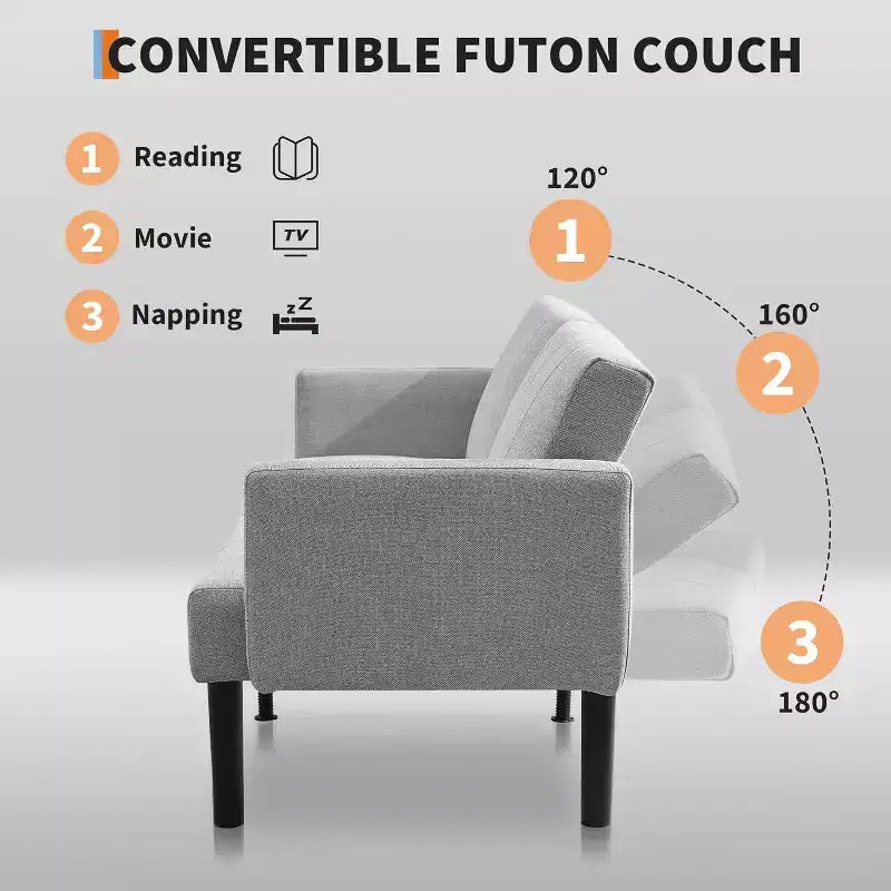 Canapé-lit futon 75,5 avec cadre en bois - Causeuse-lit en flanelle de lin, motif vertical, multifonctionnel pour salon
