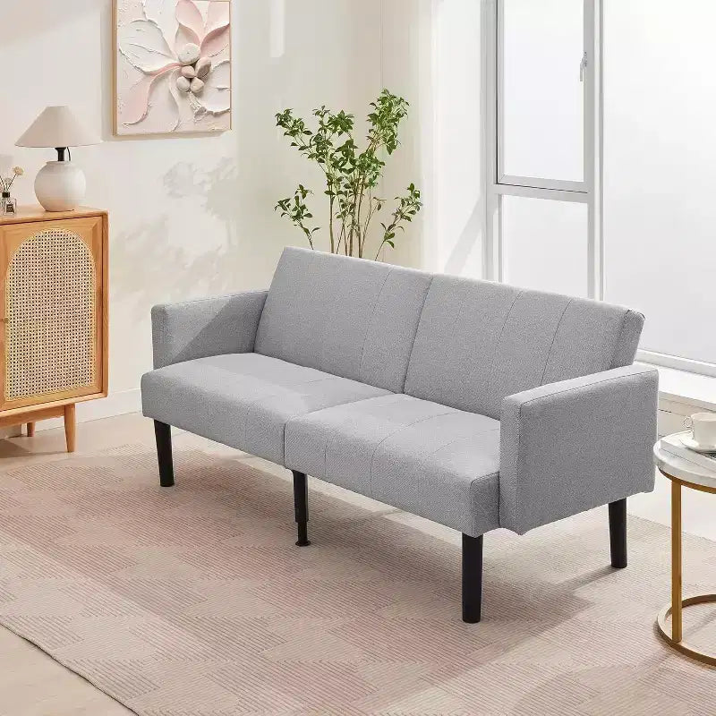 Canapé-lit futon 75,5 avec cadre en bois - Causeuse-lit en flanelle de lin, motif vertical, multifonctionnel pour salon