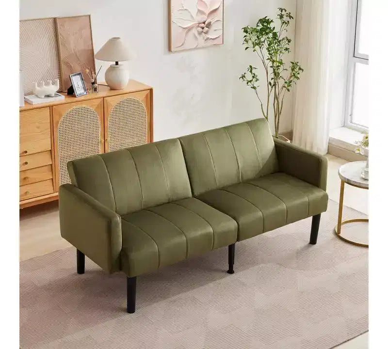 Canapé-lit futon 75,5 avec cadre en bois - Causeuse-lit en flanelle de lin, motif vertical, multifonctionnel pour salon
