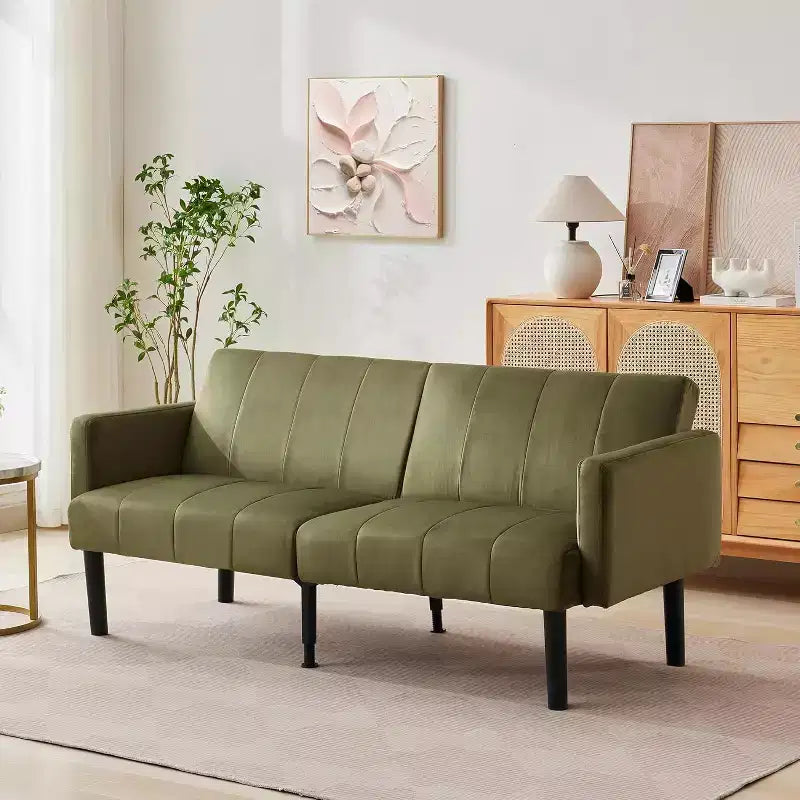 Canapé-lit futon 75,5 avec cadre en bois - Causeuse-lit en flanelle de lin, motif vertical, multifonctionnel pour salon
