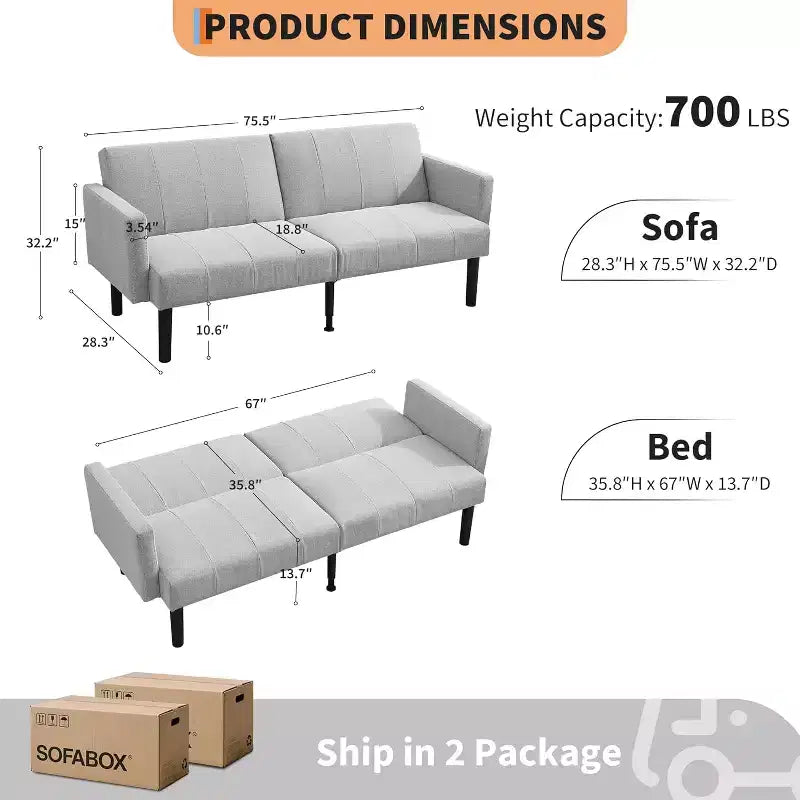 Canapé-lit futon 75,5 avec cadre en bois - Causeuse-lit en flanelle de lin, motif vertical, multifonctionnel pour salon