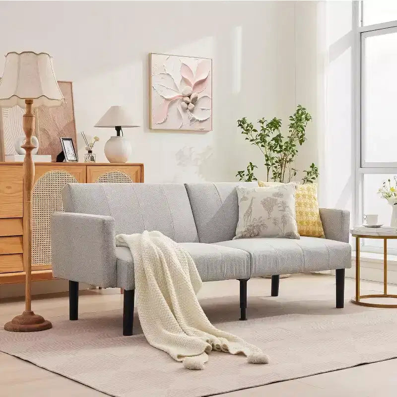 Canapé-lit futon 75,5 avec cadre en bois - Causeuse-lit en flanelle de lin, motif vertical, multifonctionnel pour salon
