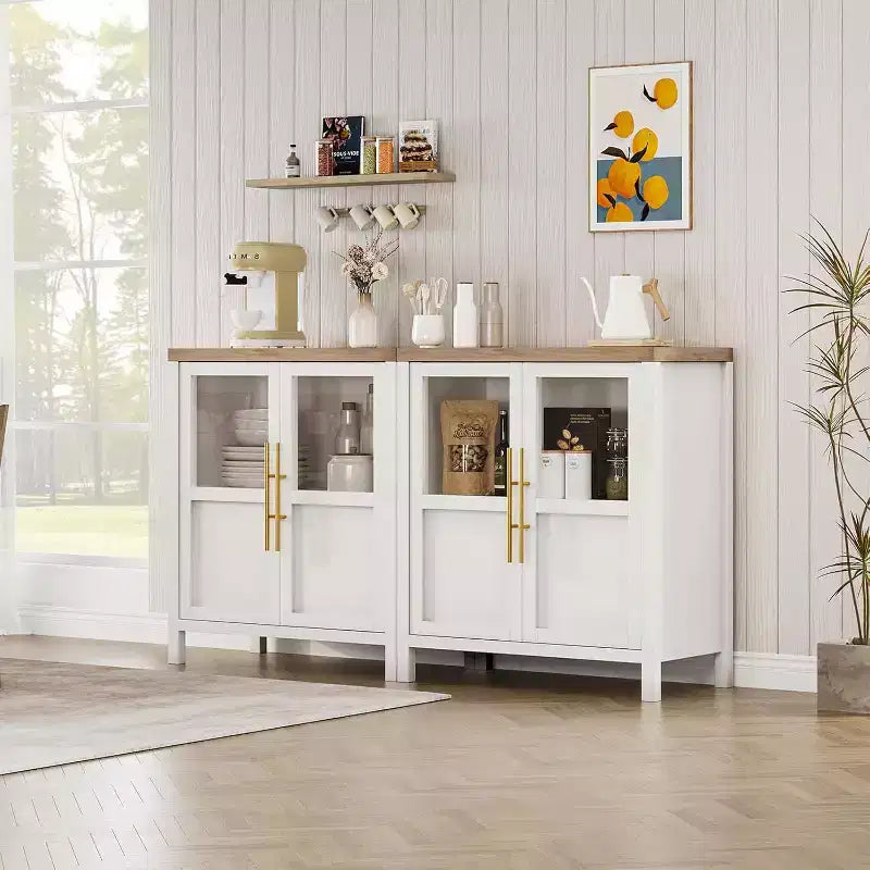 Acekool 29 Farmhouse Sideboard: Glass Door Cabinet with Adjustable Shelves, Narrow Storage for Kitchen, Dining & Small Spaces (Pear Finish)
