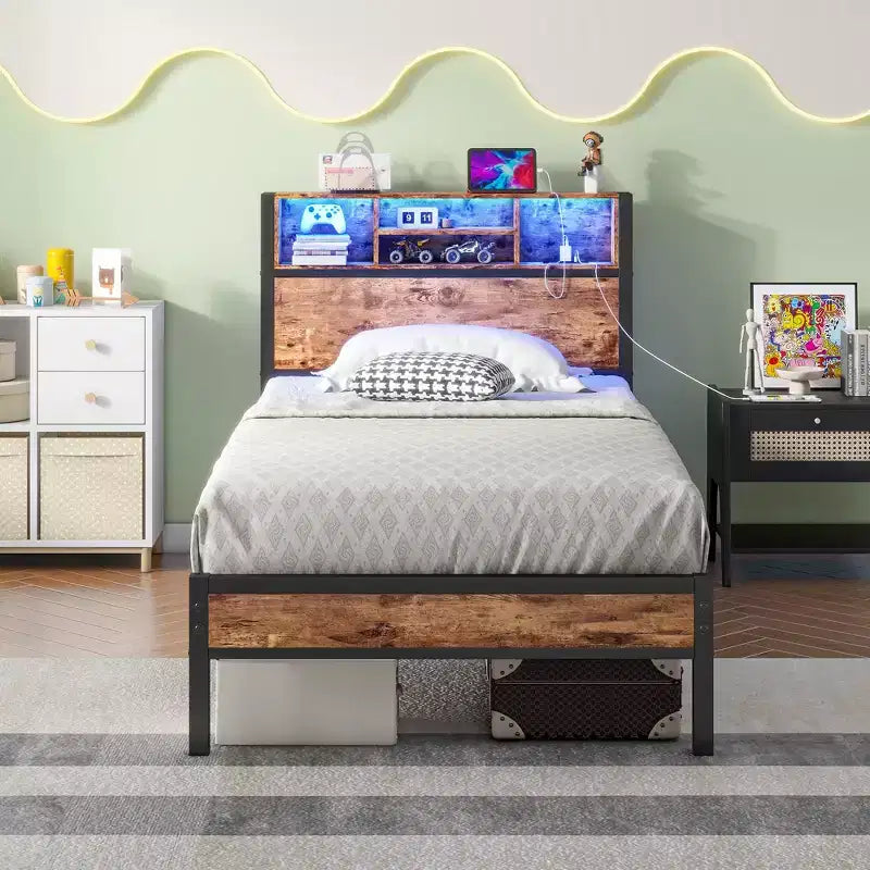 CLIHOME Twin Size Bed Frame with Storage Headboard, Metal Platform Bed with Charging Station, Bookcase Storage
