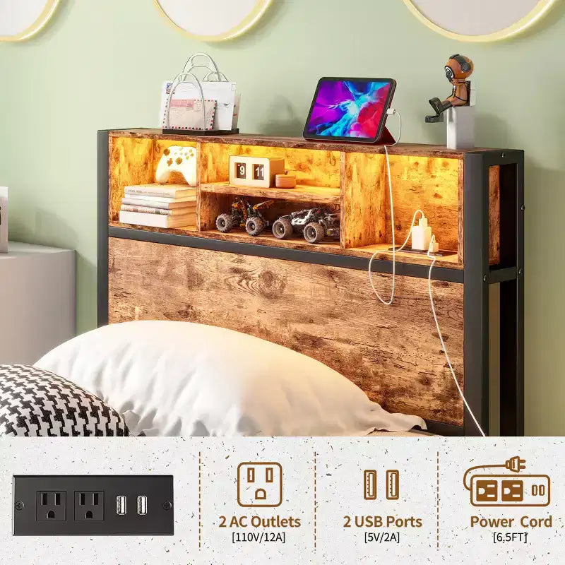 Cadre de lit simple avec tête de lit de rangement, plateforme en métal avec station de recharge, rangement bibliothèque