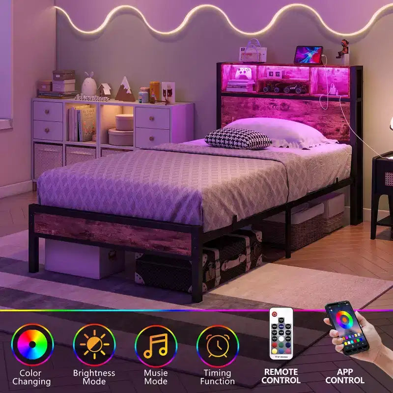 Cadre de lit simple avec tête de lit de rangement, plateforme en métal avec station de recharge, rangement bibliothèque