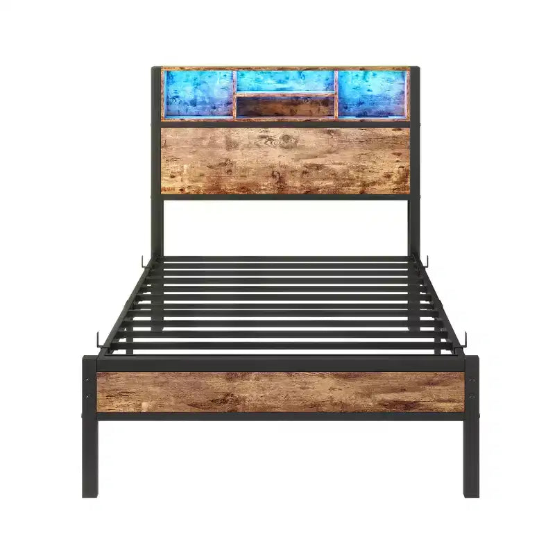 Cadre de lit simple avec tête de lit de rangement, plateforme en métal avec station de recharge, rangement bibliothèque