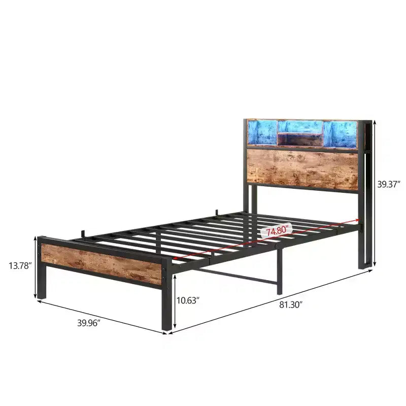 Cadre de lit simple avec tête de lit de rangement, plateforme en métal avec station de recharge, rangement bibliothèque