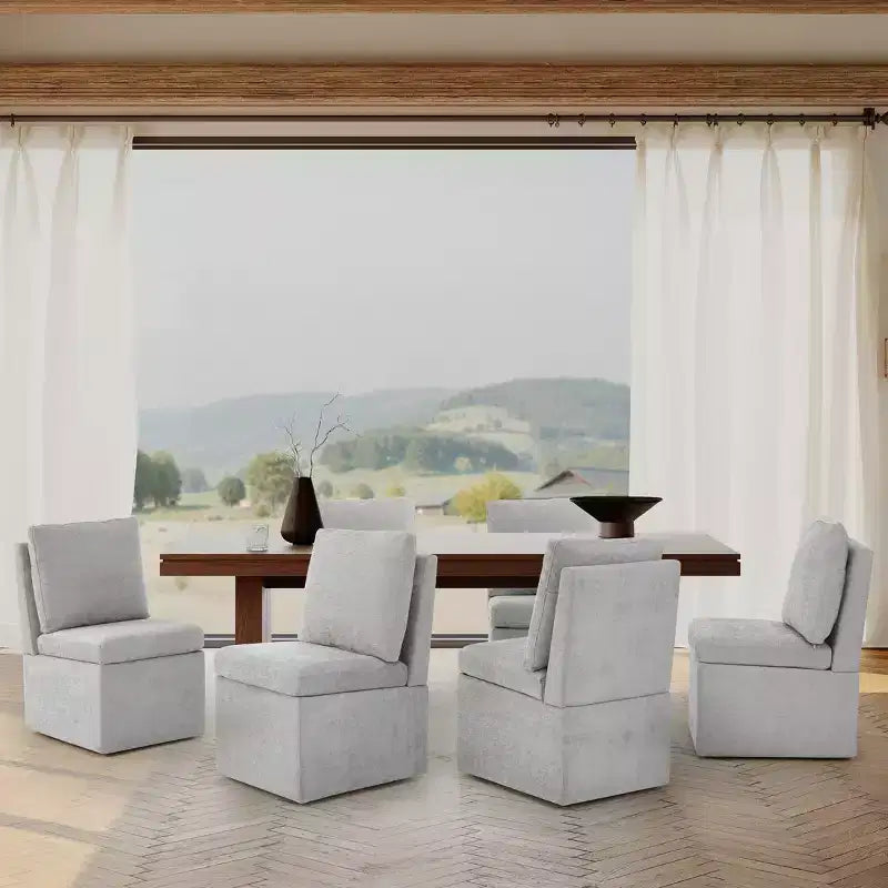 Chaises de salle à manger modernes sans accoudoirs en chenille rembourrée avec roulettes (lot de 6), Gris clair