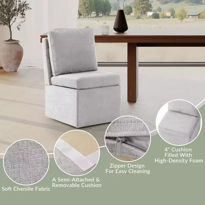 Chaises de salle à manger modernes sans accoudoirs en chenille rembourrée avec roulettes (lot de 6), Gris clair