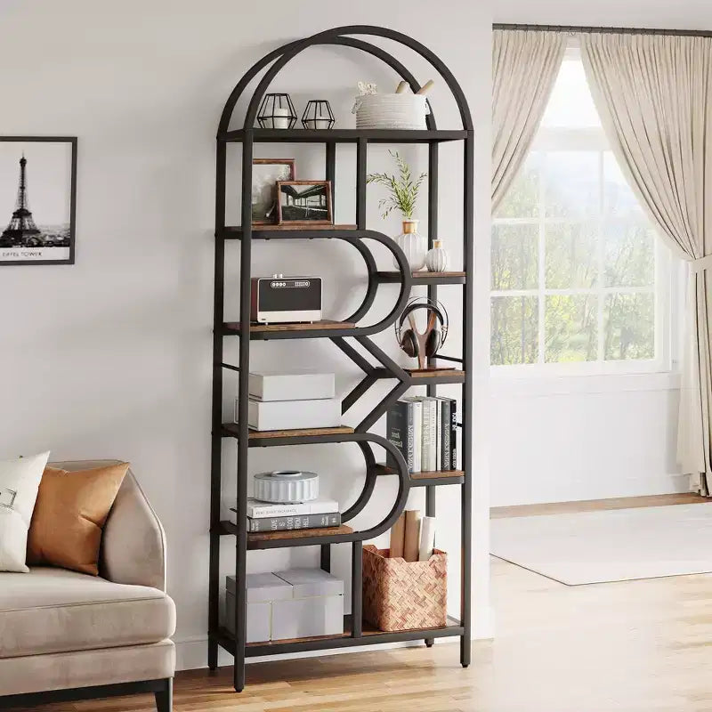 6-Tier Open Bookshelf, 81.7 Inch Arched Bookcase Display Racks with Open Storage Shelf, Metal Frame