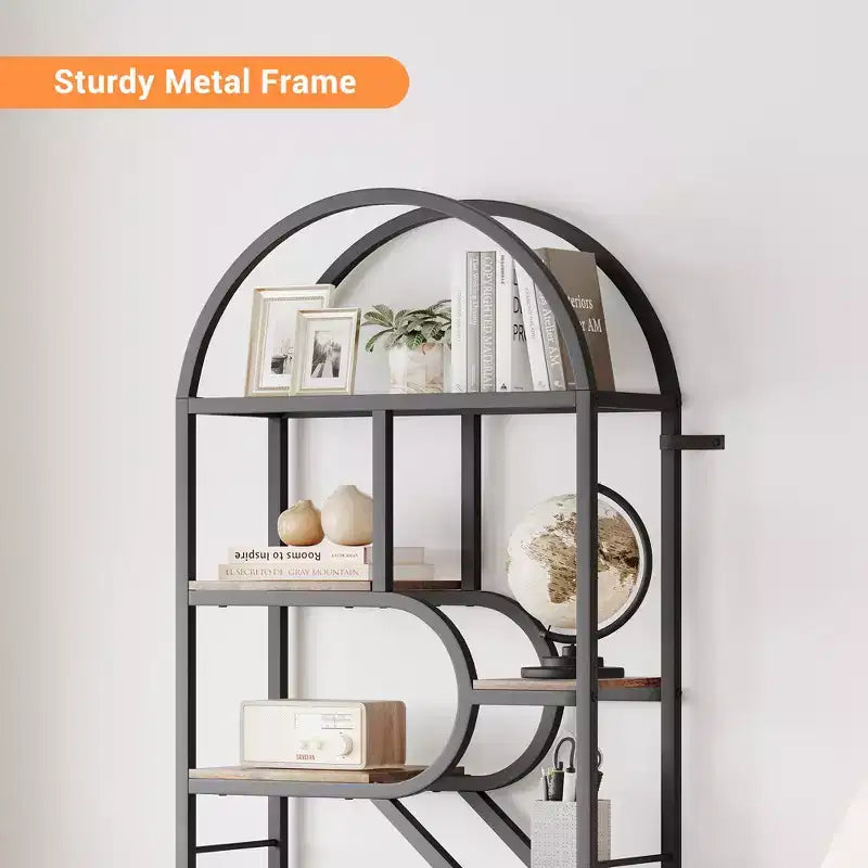 Étagère ouverte à 6 niveaux, Bibliothèque voûtée de 207,5 cm avec étagères de rangement ouvertes, Cadre en métal