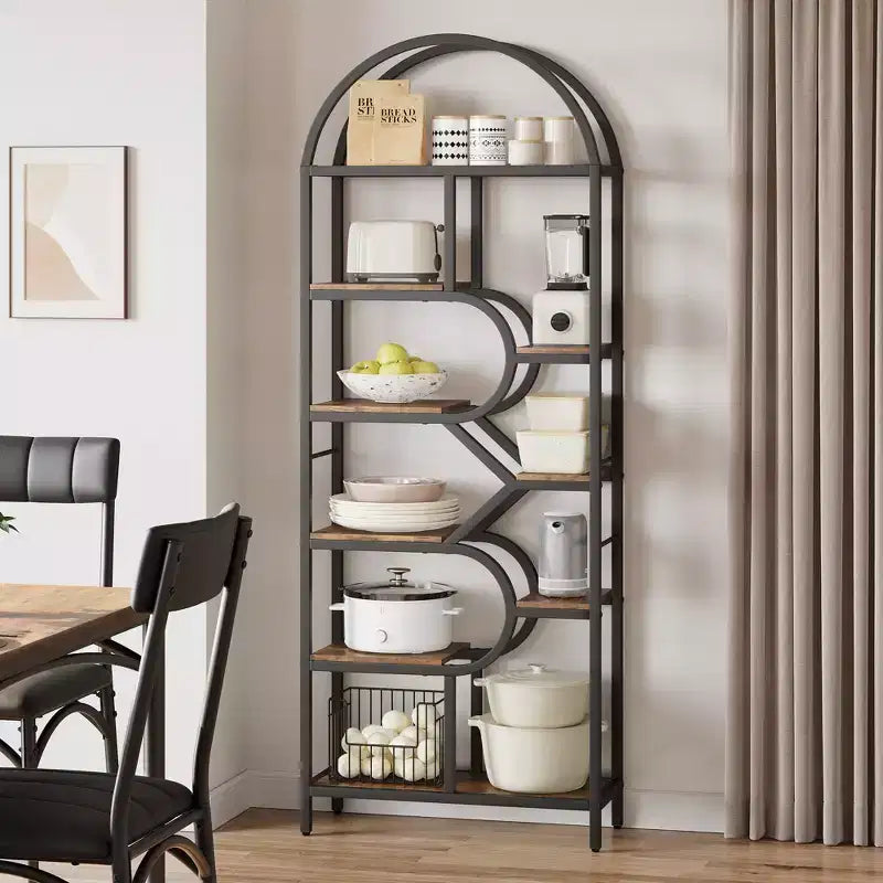 Étagère ouverte à 6 niveaux, Bibliothèque voûtée de 207,5 cm avec étagères de rangement ouvertes, Cadre en métal