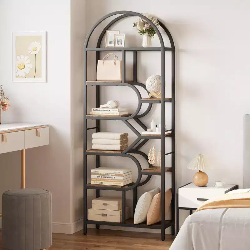 Étagère ouverte à 6 niveaux, Bibliothèque voûtée de 207,5 cm avec étagères de rangement ouvertes, Cadre en métal