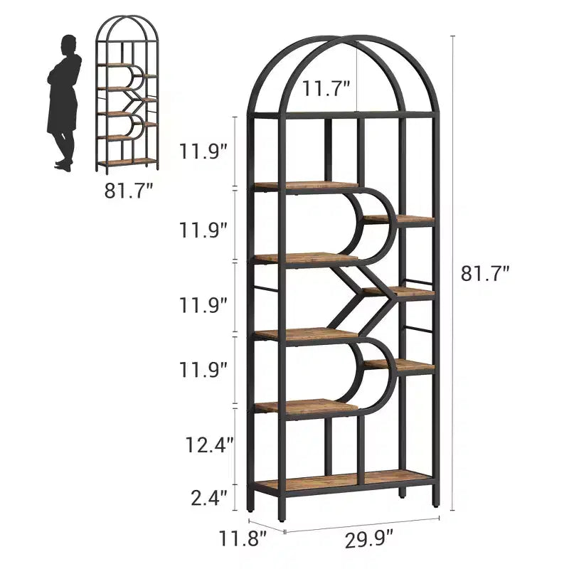 Étagère ouverte à 6 niveaux, Bibliothèque voûtée de 207,5 cm avec étagères de rangement ouvertes, Cadre en métal