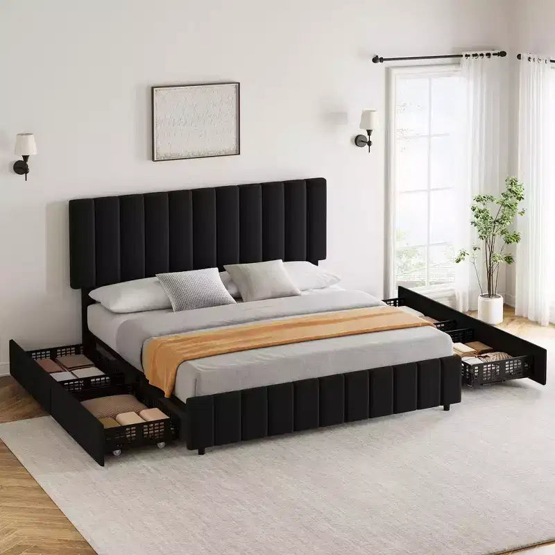 Bed Frame with 4 Storage Drawers, Linen Upholstered Platform Bed Frame, Adjustable Height Headboard, No Box Spring Needed