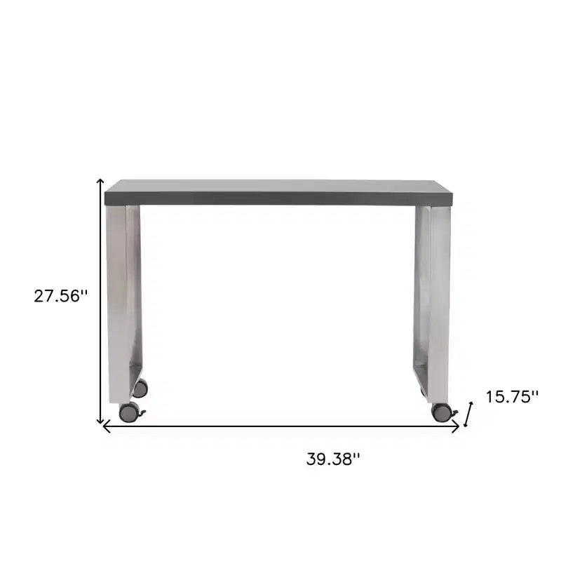 Bureau roulant à plateau coulissant en bois gris et argenté et acier inoxydable, 39 po