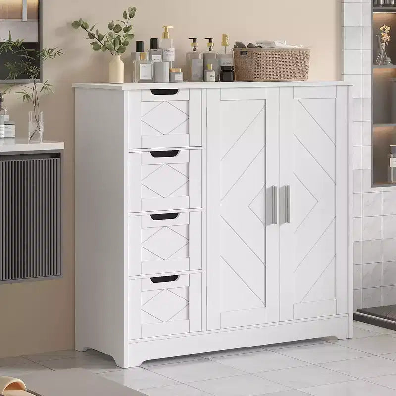 VECELO Bathroom Storage Cabinet, Freestanding Floor Cabinet with 3/4 Drawers & 2 Adjustable Shelves, White
